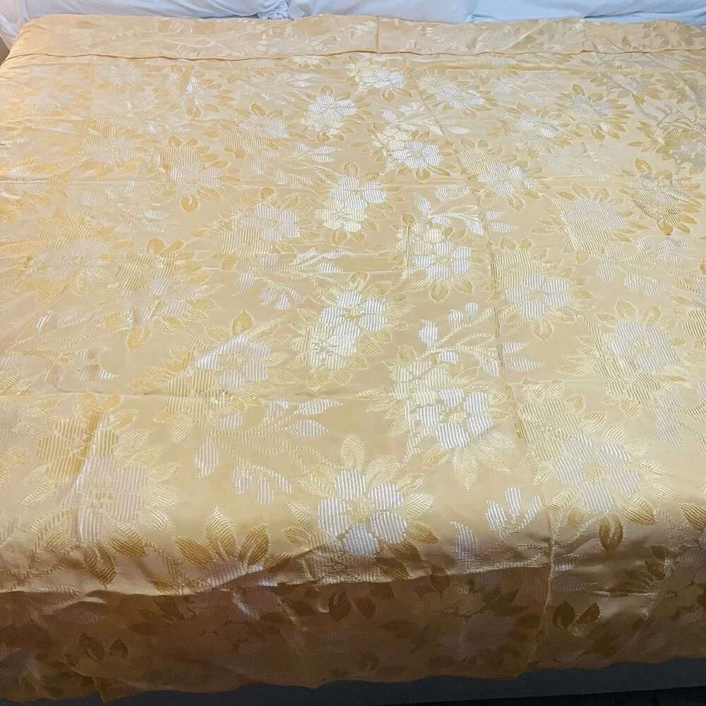 Burlington Mills Satin Bed Cover King Queen yellow gold damask floral 95”x 85”